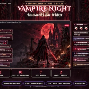 Puede incluir: Un widget de chat animado Vampire Night para software de streaming que muestra una escena de castillo gótico oscuro con una luna roja, una figura encapuchada con una espada roja brillante y cuadros de chat con mensajes y notificaciones.