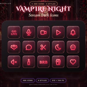 Op de afbeelding: Een digitale collectie Vampire Night Stream Deck iconen met 486 iconen in 4 stijlen. De donkere interface toont rode neon-stijl symbolen, waaronder een microfoon, camera, afspeelknop, bel, vleermuis, tekstballon, schaar, maan, schedel, dempen, kaars, BRB-tekst, doodskist en hart.