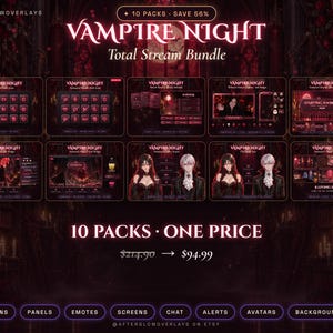 Könnte beinhalten: Ein Vampire Night Total Stream Bundle mit 10 Paketen digitaler Assets, darunter Symbole, Panels, Emotes, Bildschirme, Chat-Boxen, Warnmeldungen, Avatare und Hintergründe. Das Design verwendet eine dunkelrote und schwarze Farbpalette mit Gothic-Motiven.