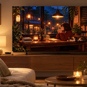 May include: A television screen displaying an anime-style illustration of a person sitting at a wooden table with a cat, looking out a rainy window at night. The scene includes warm indoor lighting, books, plants, and a sign with Japanese text.