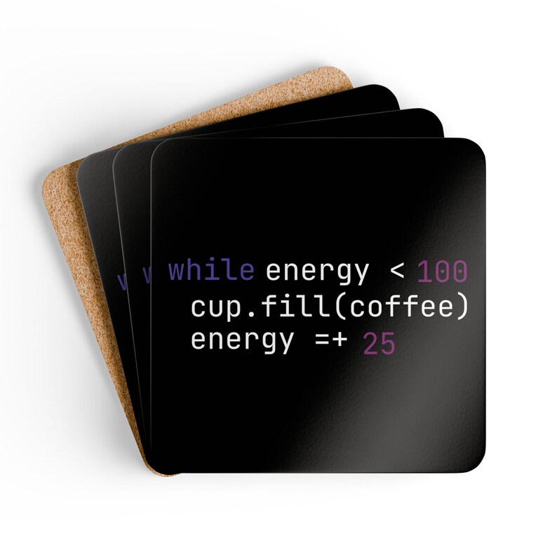 Ensemble de 4 sous-verres « Code de programmeur » - Accessoire de bureau « Boucle d'énergie café » - Cadeau humoristique pour développeurs de logiciels - Décoration de bureau pour geeks image 1
