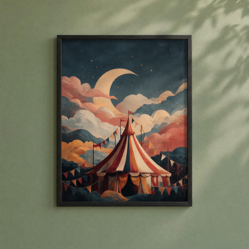 Circus Tent Wall Art, Funhaus Inspired Night Sky Print, Crescent Moon ...