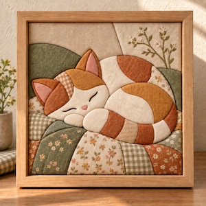 May include: A square framed fabric wall art piece featuring a quilted, appliqued sleeping cat in shades of rust, cream, and tan. The cat rests on a patchwork background of sage green, floral, and gingham fabric patterns with embroidered sprigs.
