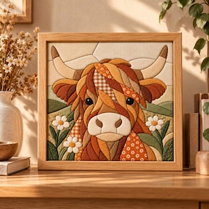 May include: A square framed wall art piece featuring a fabric-style patchwork illustration of a Highland cow. The cow is rendered in shades of brown, orange, and cream with patterned textures, set against a background of green hills and white flowers.