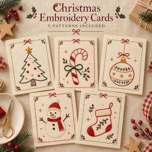 Patrones de tarjetas navideñas para bordar, 5 diseños imprimibles en tamaño A5 para bordar en papel.