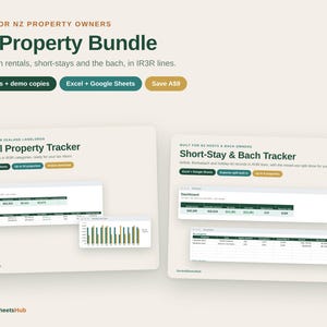 Peut inclure: Un ensemble numérique NZ Property Bundle comprenant un Rental Property Tracker et un Short-Stay & Bach Tracker pour Excel et Google Sheets. L'interface affiche des tableaux de bord avec des données financières, des graphiques et des tableaux.