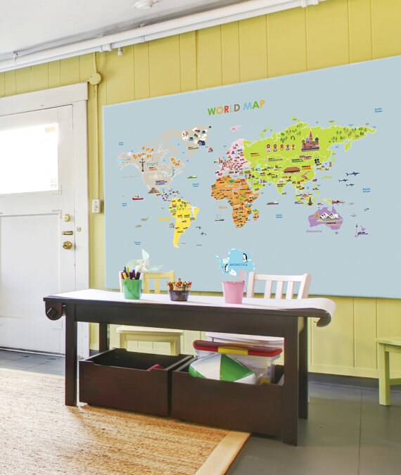 Illustrated World Map Removable Wall Decal Nursery Art Decor | Etsy