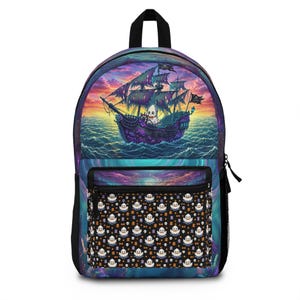 Ghost Pirate Ship Backpack | Spooky Squid Pattern, Ocean Sunset