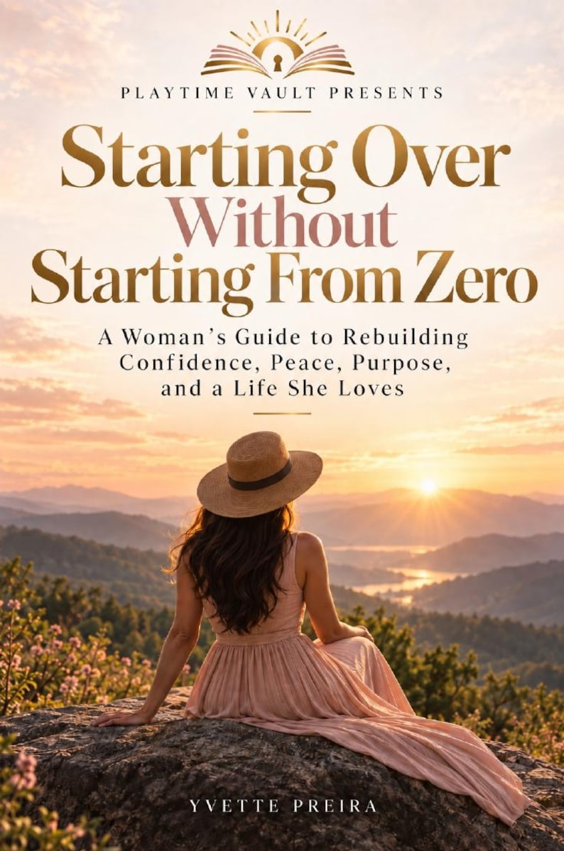 May include: A book cover titled Starting Over Without Starting From Zero: A Woman's Guide to Rebuilding Confidence, Peace, Purpose, and a Life She Loves by Yvette Preira, featuring a person in a sun hat and pink dress overlooking a sunset.