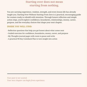 May include: A printed page titled PLAYTIME VAULT, YOUR NEXT CHAPTER LIVES HERE. It features the text Starting over does not mean starting from nothing, followed by a description of a guide for rebuilding, reflection questions, exercises, journal pages, and a 90-Day Comeback Plan, ending with the author name YVETTE PREIRA.