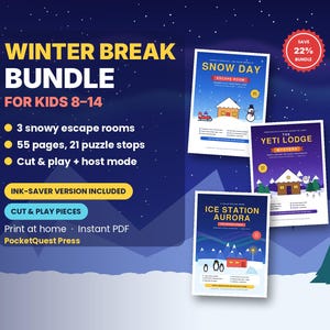 Może przedstawiać: Zestaw Winter Break Bundle dla dzieci w wieku 8-14 lat zawierający trzy gry typu escape room do druku: Snow Day, The Yeti Lodge i Ice Station Aurora. Zestaw zawiera 55 stron, 21 zagadek, elementy do wycięcia oraz wersję PDF oszczędzającą tusz.