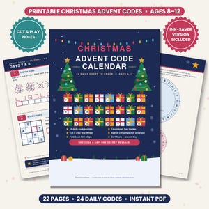 Utskrivbar julkalender för barn 8-12, 24 dagliga kodpussel, klipp-och-spel-chifferhjul, julnedräkningsaktivitet, PDF