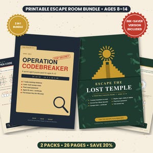 May include: A printable escape room bundle for ages 8-14 featuring two game packs: Operation Codebreaker and Escape the Lost Temple. The documents include mission lists, puzzle descriptions, and game titles in dark blue, green, and tan color schemes.