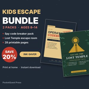 Kids Escape Room Bundle Printable, Spy Codebreaker and Lost Temple Puzzle Packs, Ages 8-14