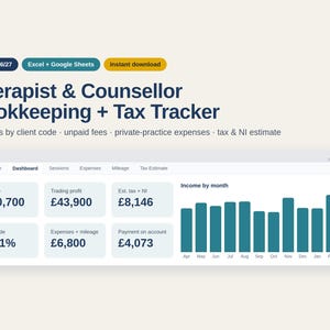 May include: A digital bookkeeping and tax tracker spreadsheet for therapists and counselors, compatible with Excel and Google Sheets. The dashboard displays financial metrics including income, trading profit, tax estimates, and a monthly income bar chart.