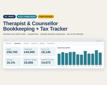 UK Therapist & Counsellor Bookkeeping Spreadsheet 2026/27, Private Practice Income Tracker, Self Assessment Tax, Excel and Google Sheets