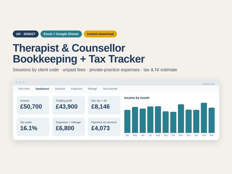 UK Therapist & Counsellor Bookkeeping Spreadsheet 2026/27