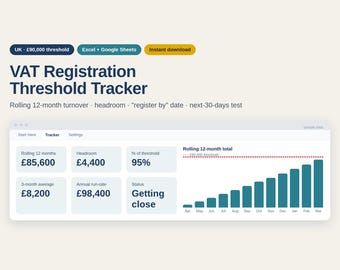 UK VAT Threshold Tracker, Rolling 12 Month Turnover Spreadsheet, VAT Registration 90k Calculator, Sole Trader Excel and Google Sheets
