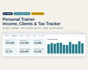 UK Personal Trainer Income & Tax Tracker 2026/27, PT Client Session Spreadsheet, Self Employed Bookkeeping, Excel and Google Sheets