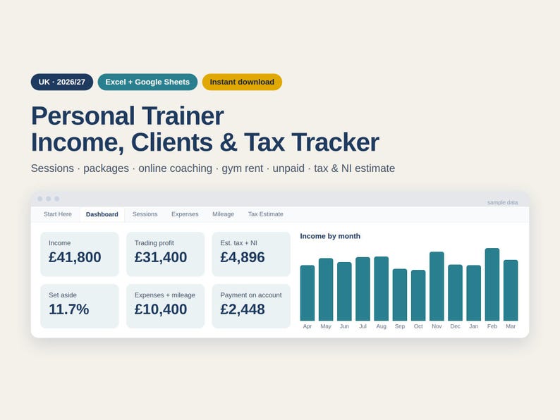 UK Personal Trainer Income & Tax Tracker 2026/27