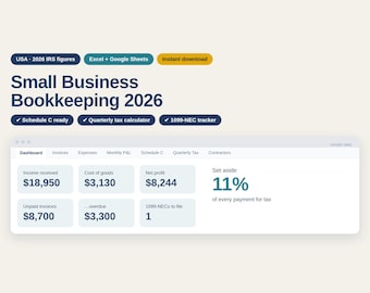 Small Business Bookkeeping Spreadsheet 2026, Profit and Loss Statement, Expense Tracker, Schedule C, Excel Google Sheets
