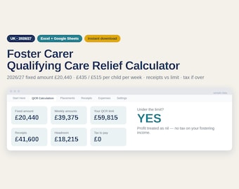 UK Foster Carer Tax Calculator 2026/27, Qualifying Care Relief QCR Spreadsheet, Fostering Allowance Tracker, Excel and Google Sheets