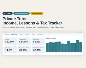 UK Private Tutor Income & Tax Tracker 2026/27, Lesson Log Spreadsheet, Self Employed Tutor Bookkeeping, Excel and Google Sheets