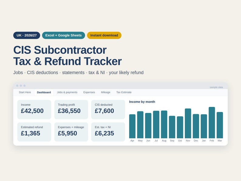 UK CIS Subcontractor Tax & Refund Tracker 2026/27