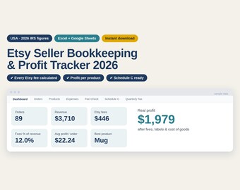 Etsy Seller Spreadsheet 2026, Etsy Fee and Profit Calculator, Shop Bookkeeping and Tax Tracker, Excel Google Sheets