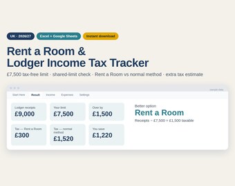 UK Rent a Room Scheme Tracker 2026/27, Lodger Income Tax Calculator, 7,500 Allowance Spreadsheet, Landlord Excel and Google Sheets