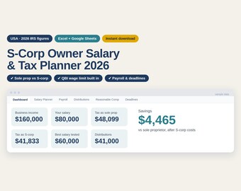 S Corp Salary Calculator 2026, Reasonable Compensation Planner, S Corp vs LLC Sole Prop Tax Comparison, Google Sheets