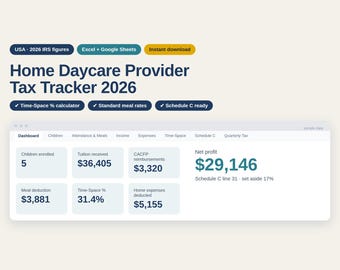 Home Daycare Tax Tracker 2026, Family Child Care Spreadsheet, Time Space Percentage Calculator, Google Sheets