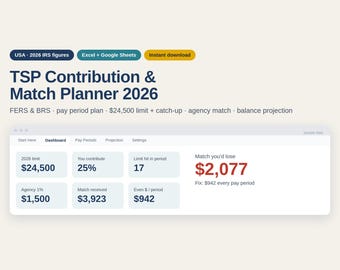 TSP Calculator 2026, Thrift Savings Plan Contribution Planner, Federal Employee FERS BRS Spreadsheet, Excel Google Sheets