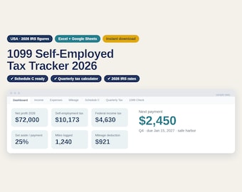 1099 Tax Tracker 2026, Self Employed Tax Spreadsheet, Quarterly Estimated Tax Calculator, Schedule C, Excel Google Sheets