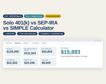 Solo 401k Calculator 2026, SEP IRA vs Solo 401k Comparison, Self Employed Retirement Planner, Google Sheets