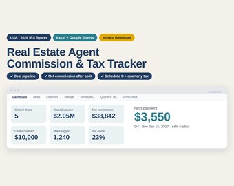 Real Estate Agent Spreadsheet 2026, Realtor Commission Tracker, Expense and Mileage Log, Schedule C, Google Sheets