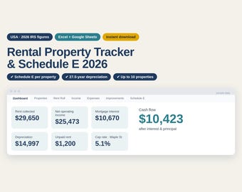 Rental Property Spreadsheet 2026, Landlord Income and Expense Tracker, Schedule E, Rent Roll, Excel Google Sheets