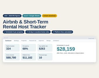 Airbnb Host Spreadsheet 2026, Short Term Rental Income and Expense Tracker, Schedule E, Google Sheets
