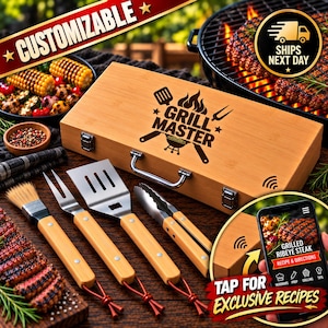 May include: A rectangular bamboo storage case with a metal handle and latches, featuring the text Grill Master and a flame graphic. The set includes a basting brush, a two-pronged fork, a slotted spatula, and metal tongs, all with wooden handles.