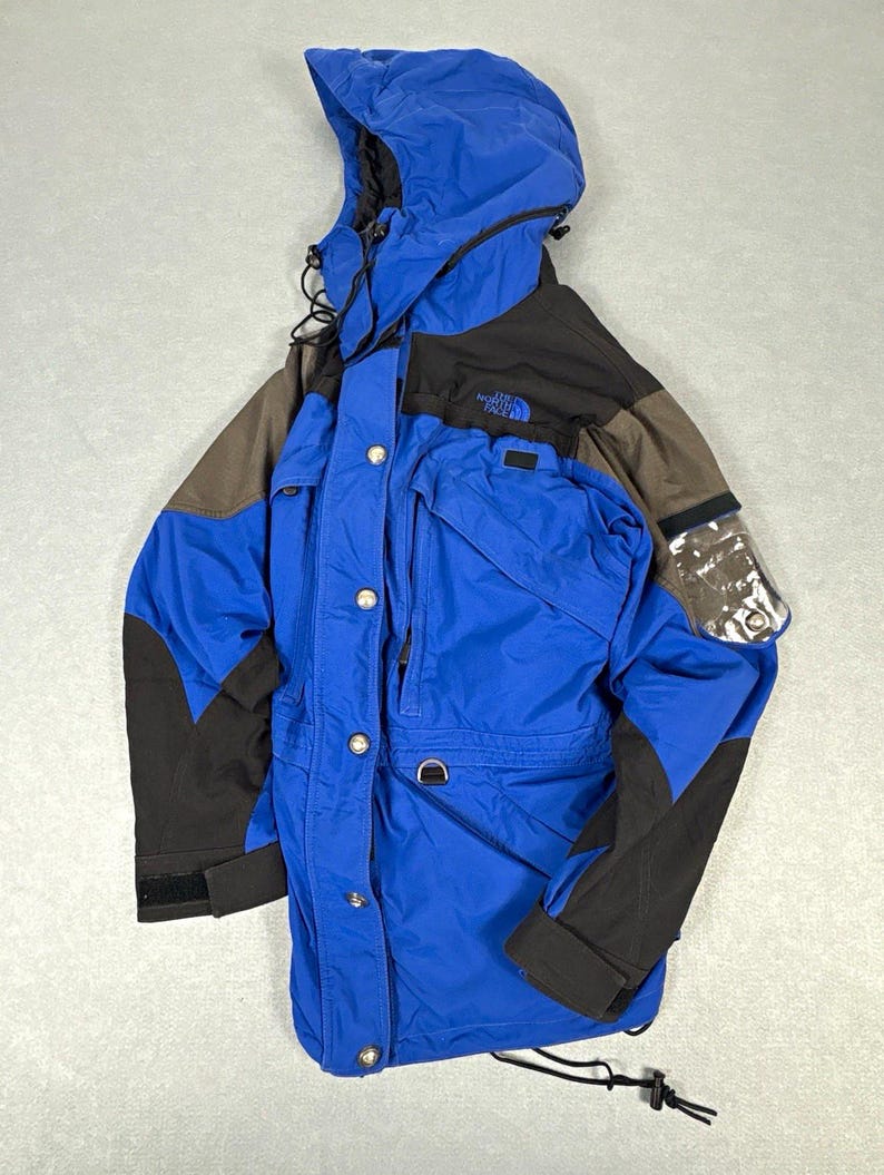 Vintage The North Face Extreme Gear Hooded Parka Blue Black Grey, Retro Ski Coat, The North Face Skiwear, UK L