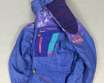 Vintage Ellesse Hooded Ski Jacket Purple Blue Teal, Retro Ski Coat, Ellesse Skiwear, Gorpcore Outerwear, UK L