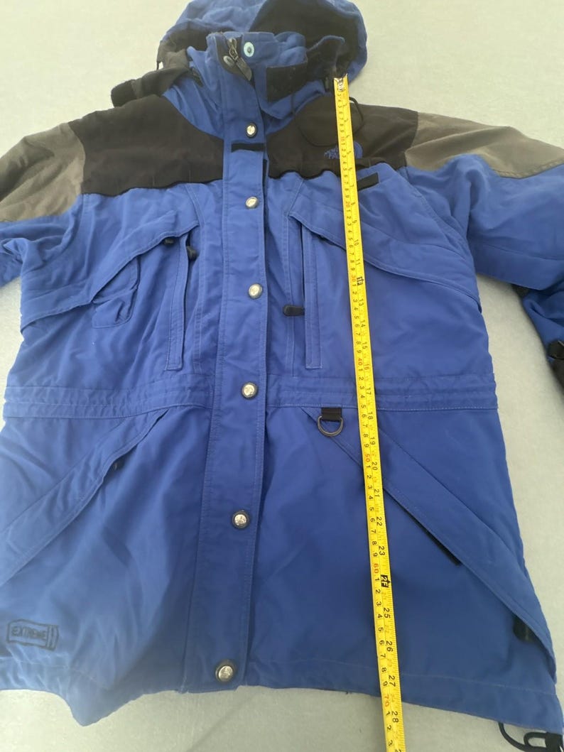 Vintage The North Face Extreme Gear Hooded Parka Blue Black Grey, Retro Ski Coat, The North Face Skiwear, UK L afbeelding 11