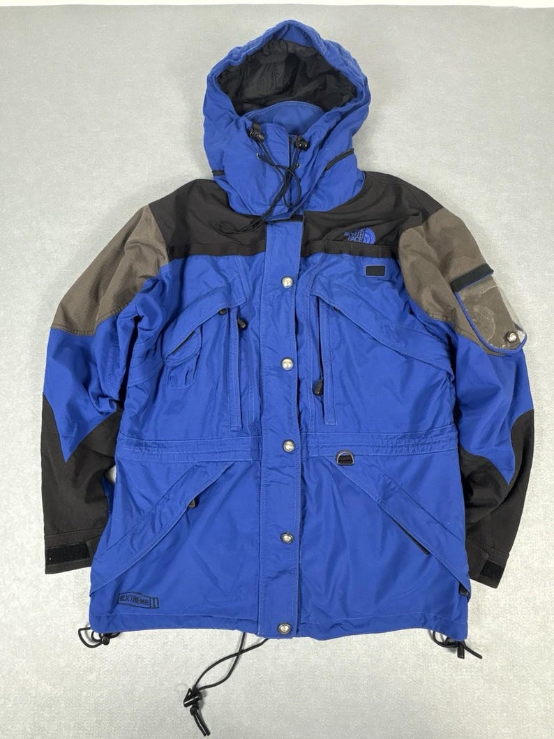 Vintage The North Face Extreme Gear Hooded Parka Blue Black Grey, Retro Ski Coat, The North Face Skiwear, UK L afbeelding 2