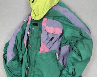 Vintage K2 Colourblock Ski Jacket Green Pink Purple Lime, Retro Colorblock Ski Coat, K2 Skiwear, Gorpcore Outerwear, UK L