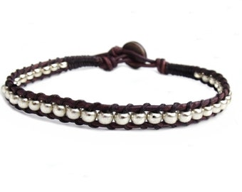Leather Bracelet - Beaded Leather Wrap Bracelet - Custom Mens Leather Bracelet - Women's Silver Bracelet - Rocker Bracelet - Leather Jewelry