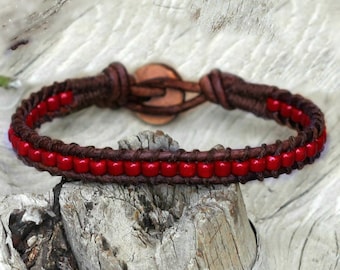 Dark Red Leather Bracelet Boho, Mens, Womens, Hipster, Wrap Bracelet, Southwest Style, Western,