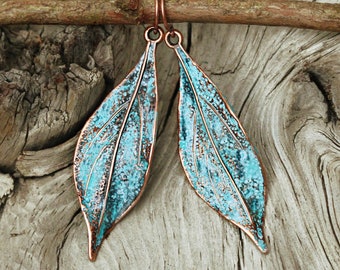 Turquoise Patina Copper Leaf Dangle Earrings, Boho Aged Copper Earrings, Rustic Copper Jewelry, Gift Box Included
