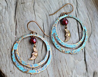 Hammered Distressed Brass Dangle Earrings: Turquoise Patina, Moon Charm, Niobium Ear Wires