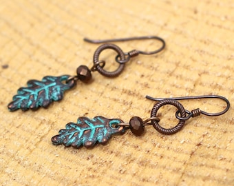Boho Turquoise Patina Leaf Earrings: Hypoallergenic Niobium Earwires
