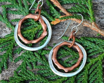Hammered Copper & Sterling Silver Mixed Metal Open Circle Earrings, Titanium Hypoallergenic, Gift Box Included